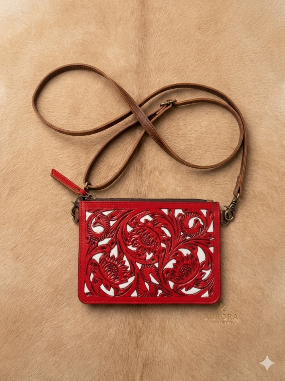 NEW Western Tooled Leather Crossbody Bag - Red & White